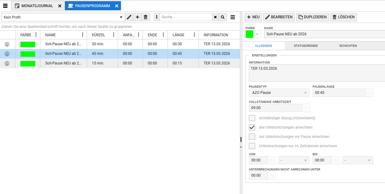45 Minuten Pause ab 9 h Arbeitszeit